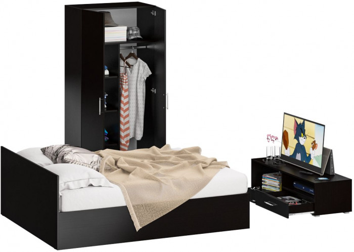 Спальня Стандарт 3-1600, венге/фасады ТВ тумбы МДФ чёрный глянец