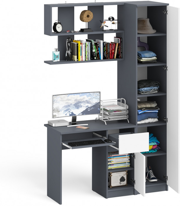 Мори компьютерный стол МС-1 правый + Пенал МШ400.1 + Полка 900, графит/белый