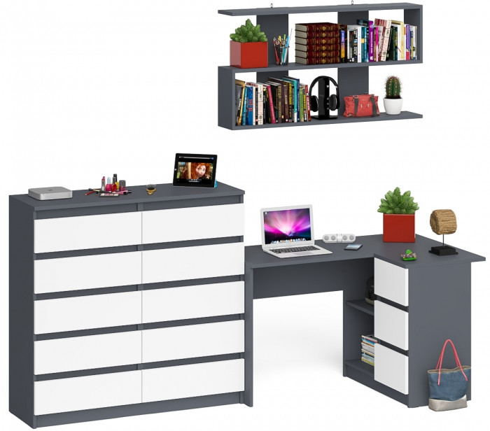 Мори компьютерный стол МС-16 правый + Комод МК1200.10 + Полка 1200, графит/белый