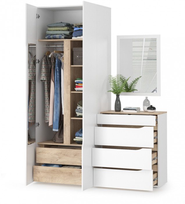 Муссон 13.198 Шкаф двухстворчатый + 13.97 Комод + Зеркало СВК, белый/дуб эндгрейн элегантный