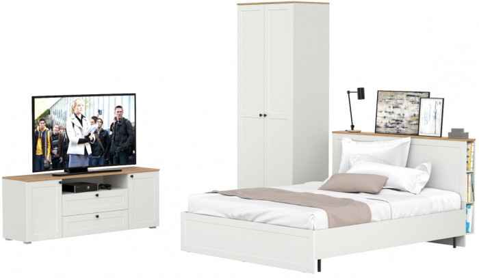 Остин 11.53 Кровать + ортопед + 13.336.02 Шкаф для одежды + 16.47 Тумба под ТВ, белый шагрень/дуб крафт золотой