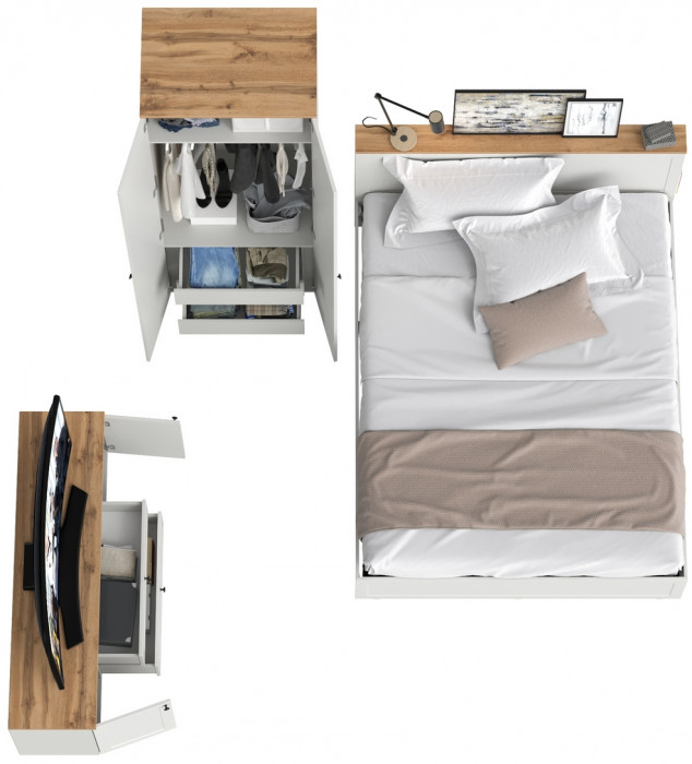 Остин 11.53 Кровать + ортопед + 13.336.02 Шкаф для одежды + 16.47 Тумба под ТВ, белый шагрень/дуб крафт золотой