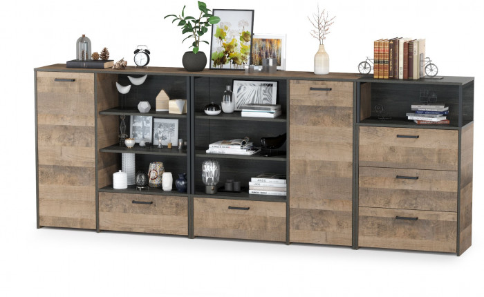 Трувор 13.307.01 Комод + 13.307.02 Комод с ящиками + 13.307.01 Комод, цвет дуб гранж песочный/интра, ШхГхВ 284х37х106,9 см., универсальная сборка