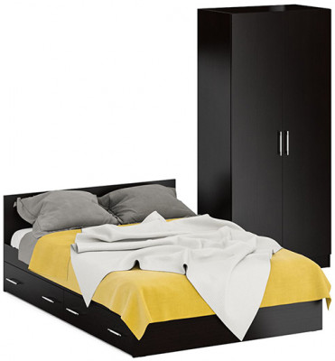 Кровать с ящиками 1400 + Шкаф 2-х створчатый Стандарт, цвет венге, ШхГхВ 143,5х203,5х70 + 90х52х200 см., сп.м. 1400х2000 мм., б/м, основание есть