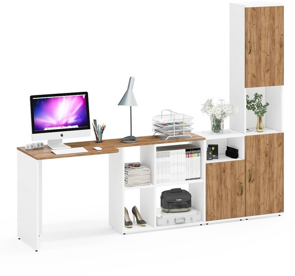 Лидер-8 Стол + Тумба МД 3.19 + Пенал, цвет белый шагрень/крафт золото, ШхГхВ 245х50/30х75/190 см. или 115х50/160х75/190 см., НЕ универсальная сборка