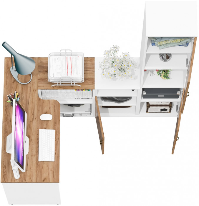 Лидер-8 Стол + Тумба МД 3.19 + Пенал, цвет белый шагрень/крафт золото, ШхГхВ 245х50/30х75/190 см. или 115х50/160х75/190 см., НЕ универсальная сборка