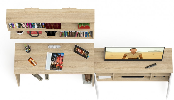 Мори Стол письменный МСП1200.1 + Тумба МТВ1200.1 + Полка 1200, цвет дуб сонома/белый, ШхГхВ 240,8х50х209,6 см., универсальная сборка