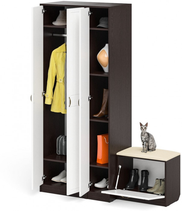 Прихожая П-6 Компоновка № 45, цвет венге/фасады МДФ белое дерево фрезеровка прованс, ШхГхВ 150х50х210 см., универсальная сборка