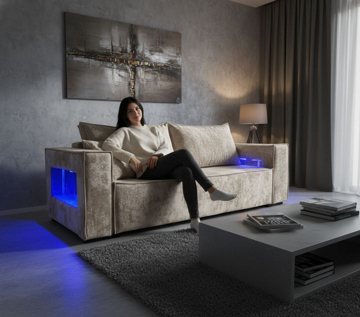 Диван-кровать Лофт Люкс Плюш с подсветкой, еврокнижка, 140х195, бежевый