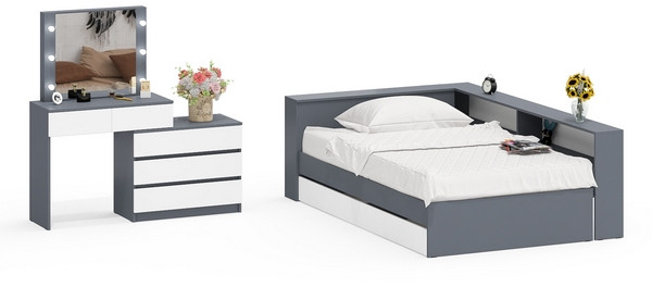 Ксения Кровать с ящиками 1200 + прикроватный блок + Столик с подсветкой 110, графит/белый