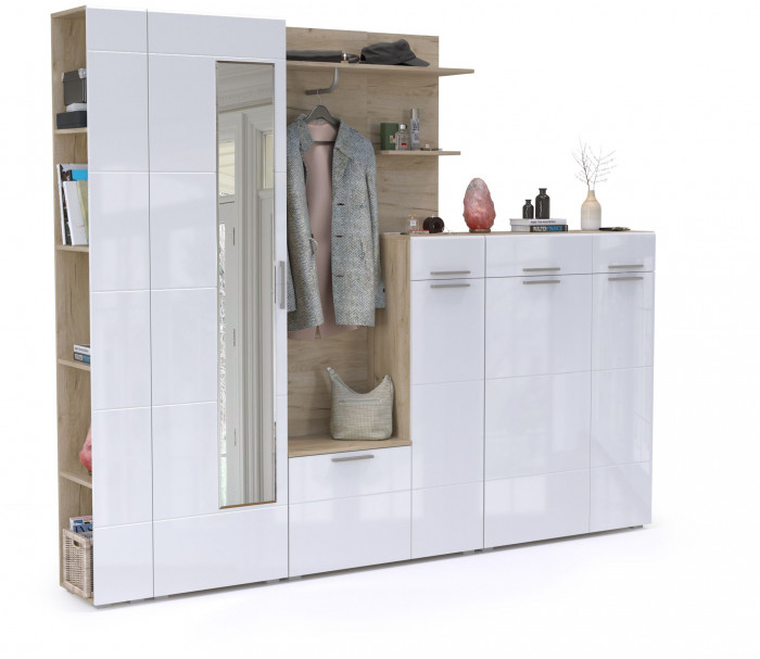 Лайн Прихожая № 11, дуб крафт серый/фасады МДФ белый глянец