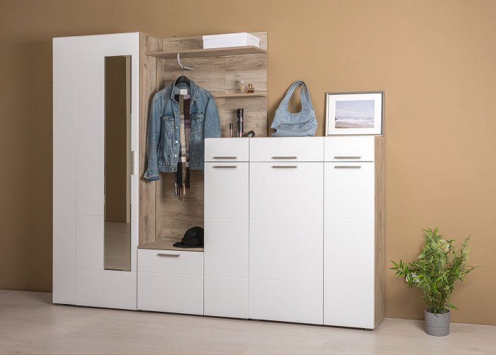 Лайн Прихожая № 11, дуб крафт серый/фасады МДФ белый глянец