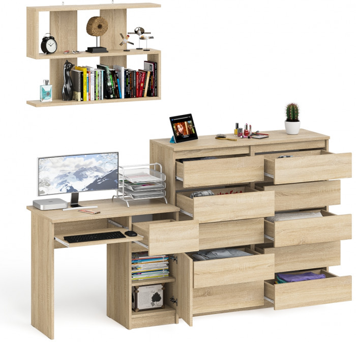 Мори компьютерный стол МС-1 правый + Комод МК1200.10 + Полка 900, дуб сонома