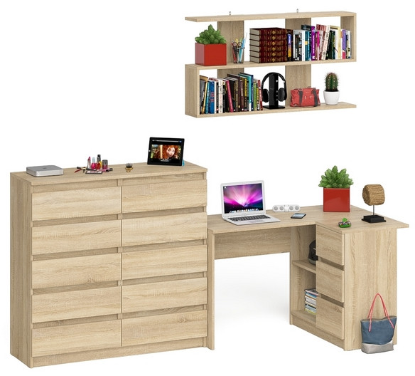 Мори компьютерный стол МС-16 правый + Комод МК1200.10 + Полка 1200, дуб сонома