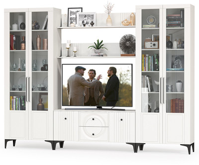 Валенсия Гостиная № 065, цвет ЛДСП белый шагрень/МДФ белый шагрень, ШхГхВ 301,3х38,3х225,2 см., ниша для ТВ 133х38х117 см.