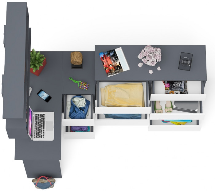 Мори компьютерный стол МС-16 правый + Комод МК1200.8 + Полка 1200, графит/белый