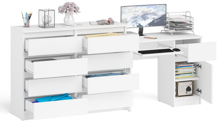 Мори Стол компьютерный МС-1 правый + Комод МК1200.8, цвет белый, ШхГхВ 210,4х50х94 см., выдвижной ящик справа, НЕ универсальная сборка