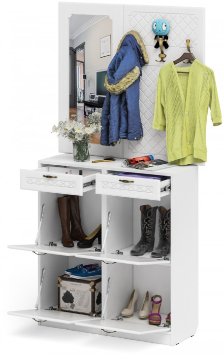 Прихожая П-6 Компоновка № 05, цвет белая шагрень/фасады МДФ белое дерево фрезеровка ромб, ШхГхВ 110х35х200 см.