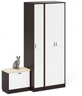 Прихожая П-6 Компоновка № 45, цвет венге/фасады МДФ белое дерево фрезеровка ромб, ШхГхВ 150х50х210 см., универсальная сборка