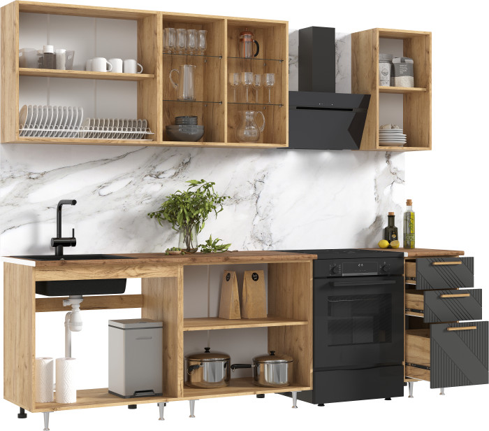Кухня Ирис 2,0м (490) Компановка №2 Дуб Крафт/Браш Графит (Дуб вотан)