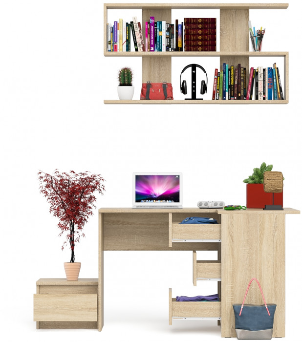 Мори компьютерный стол МС-16 правый + Тумба ТМП400.1 + Полка 1200, дуб сонома