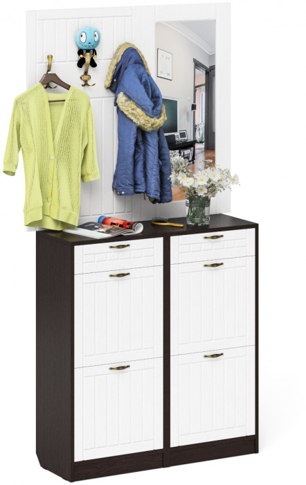 Прихожая П-6 Компоновка № 05, цвет венге/фасады МДФ белое дерево фрезеровка прованс, ШхГхВ 110х35х200 см.