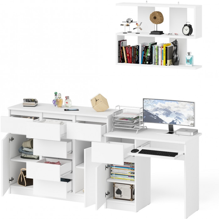 Мори компьютерный стол МС-1 левый + Комод МК1200.4 + Полка 900, белый