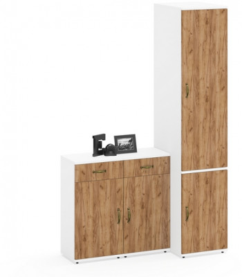 Лидер-8 Пенал МД 23Б + Тумба МД 3.15 + Тумба МД 3.15, белый шагрень/крафт золото