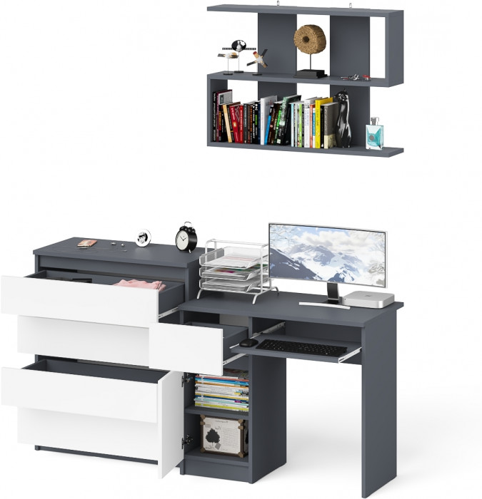 Мори компьютерный стол МС-1 левый + Комод МК800.4 + Полка 900, графит/белый