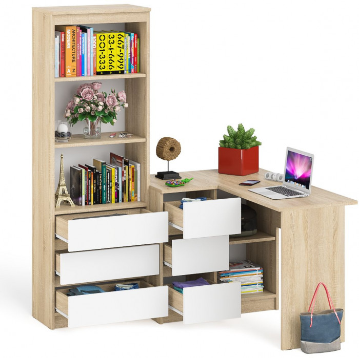 Мори компьютерный стол МС-16 левый + Стеллаж МСТ600.3, дуб сонома/белый