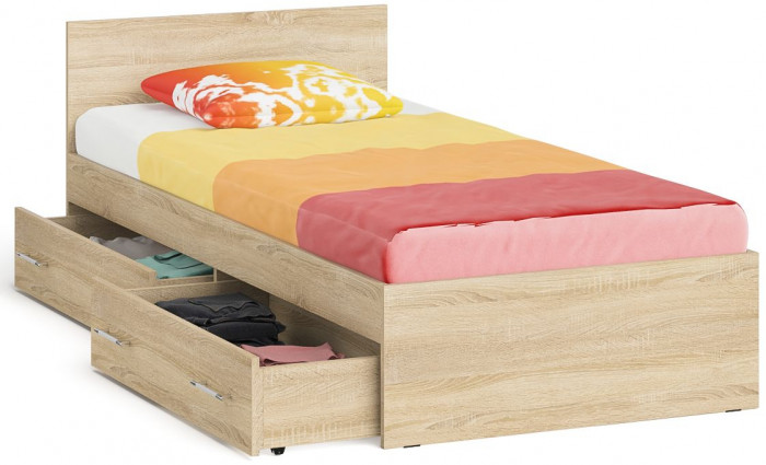 Мори Кровать с ящиками 0900, цвет дуб сонома, ШхГхВ 93,5х203,5х70 см., сп.м. 900х2000 мм., без матраса, основание есть