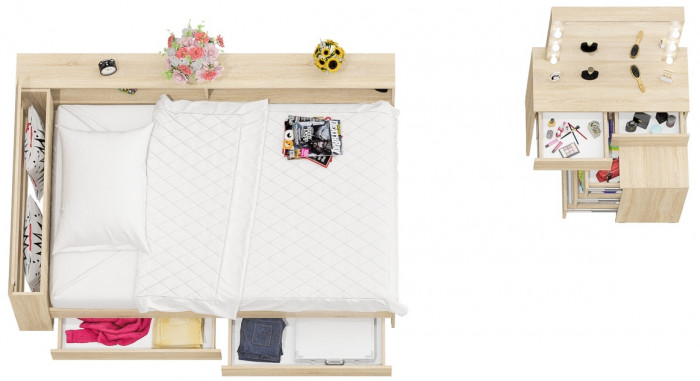 Ксения Кровать с ящиками 1200 + прикроватный блок + Столик с подсветкой 110, дуб сонома