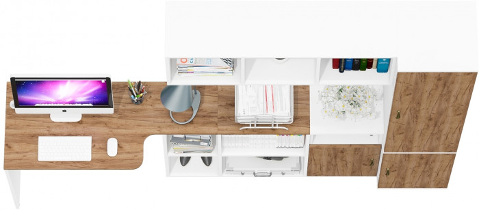 Лидер-8 Стол + Полка + Тумба МД 3.19 + Пенал МД 21Б, цвет белый шагрень/крафт золото, ШхГхВ 245х50/37,5х75/190 или 115х160/50х75/190 см., НЕ ун. сб.