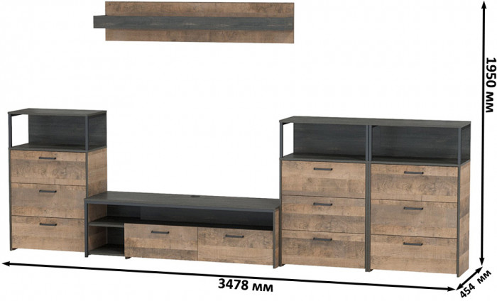 Трувор Гостиная 107, цвет дуб гранж песочный/интра, ШхГхВ 347,8х45,4х195 см., универсальная сборка