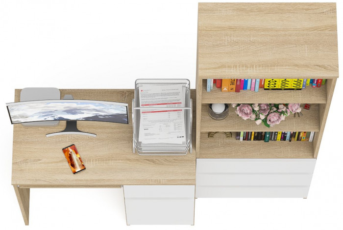 Мори компьютерный стол МС-1 правый + Стеллаж МСТ600.3, дуб сонома/белый