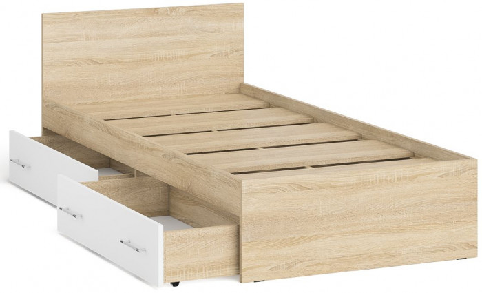 Мори Кровать с ящиками 0900, цвет дуб сонома/белый, ШхГхВ 93,5х203,5х70 см., сп.м. 900х2000 мм., без матраса, основание есть