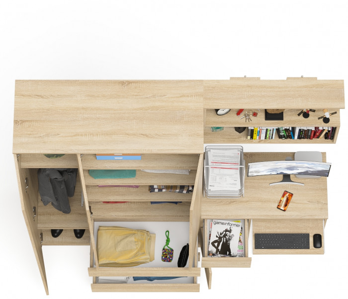 Мори Стол компьютерный МС-1 левый + Шкаф МШ1200.1 + Полка 900, цвет дуб сонома, ШхГхВ 210,4х50,4х209,6 см., НЕ универсальная сборка