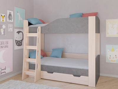 Кровать двухъярусная АСТРА 2 Дуб молочный/Железный Камень с ящиком