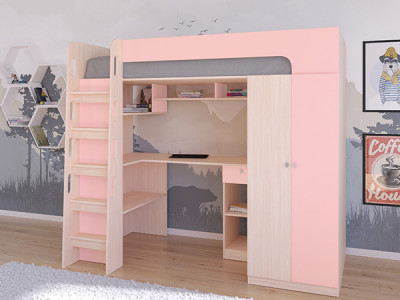 Кровать чердак Астра 10 Дуб молочный/Розовый