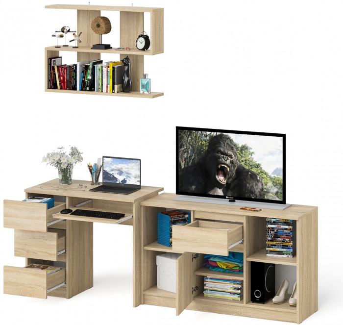 Мори Стол компьютерный МС-6 левый + Тумба МТВ1204.1 + Полка 900, цвет дуб сонома, ШхГхВ 210,4х50х209,6 см., НЕ универсальная сборка