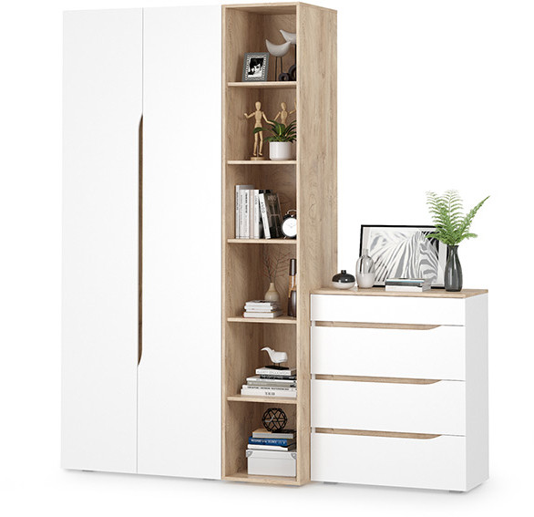 Муссон 13.198 Шкаф двухстворчатый + 13.349 Стеллаж + 13.97 Комод, цвет белый/дуб эндгрейн элегантный, ШхГхВ 204,6х52,3х229,8 см., НЕ универс. сборка