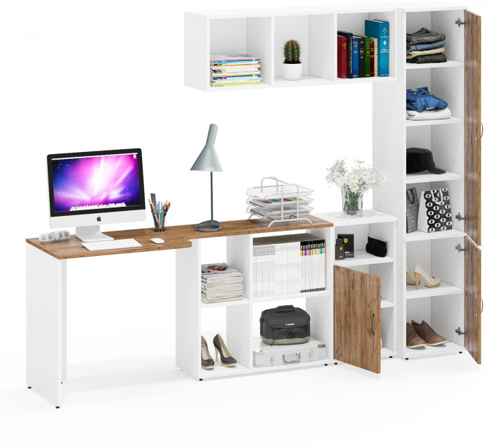 Лидер-8 Стол + Полка + Тумба МД 3.19 + Пенал МД 22Б, цвет белый шагрень/крафт золото, ШхГхВ 245х50/37,5х75/190 или 115х160/50х75/190 см., НЕ ун. сб.