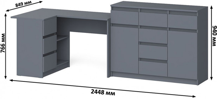 Мори Стол компьютерный МС-16 левый + Комод МК1200.4, цвет графит, ШхГхВ 244,8х84,9х94 см., выдвижные ящики слева, НЕ универсальная сборка