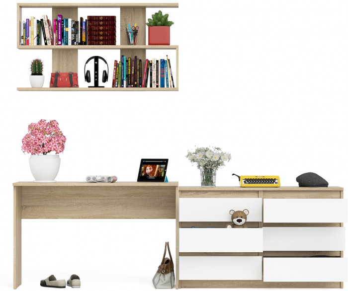 Мори Стол письменный МСП1200.1 + Комод МК1200.6 + Полка 1200, цвет дуб сонома/белый, ШхГхВ 240,8х50х209,6 см., универсальная сборка