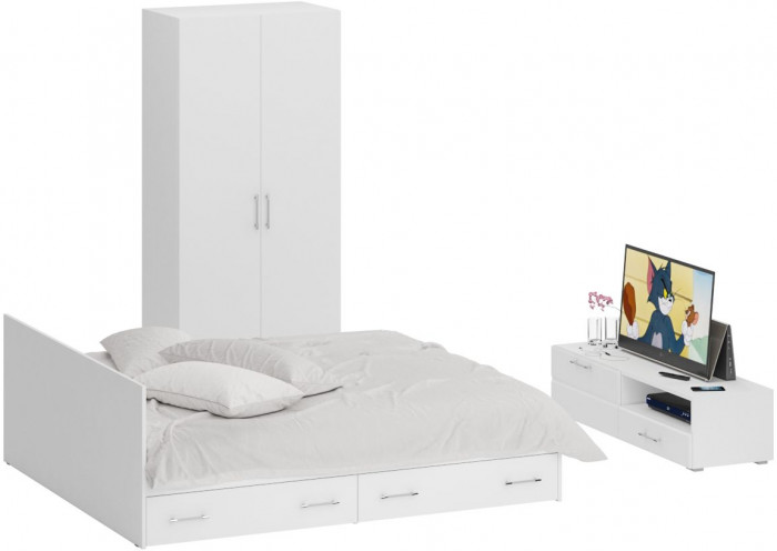 Спальня Стандарт 3-1800Я, белый/фасады ТВ тумбы МДФ белый глянец