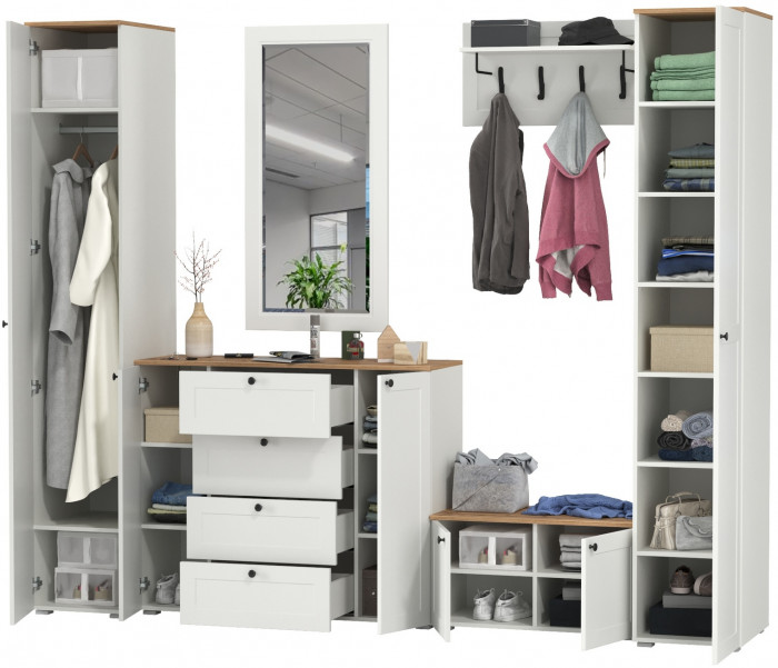 Остин Прихожая 52, цвет белый шагрень/дуб крафт золотой, ШхГхВ 280х54,3х229,6 см., универсальная сборка