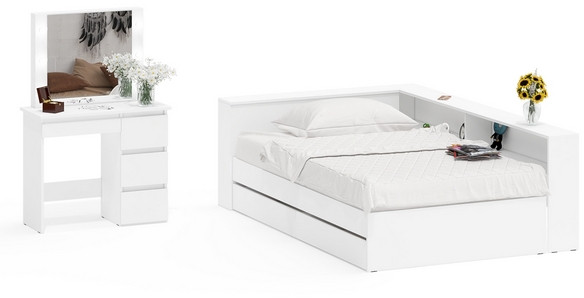 Ксения Кровать с ящиками 1200 + прикроватный блок + Столик с подсветкой Сура, белый