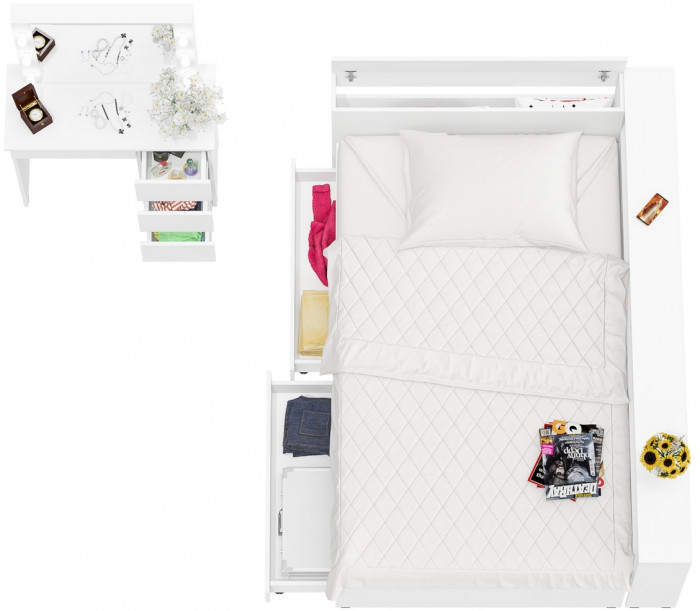 Ксения Кровать с ящиками 1200 + прикроватный блок + Столик с подсветкой Сура, белый