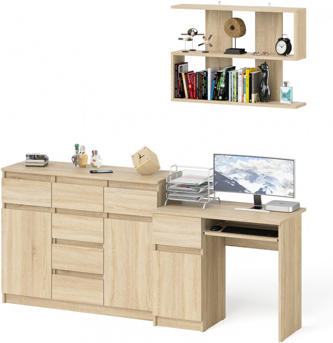 Мори компьютерный стол МС-1 левый + Комод МК1200.4 + Полка 900, дуб сонома