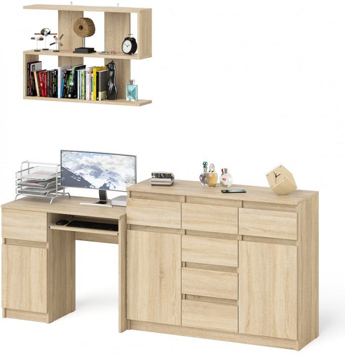 Мори компьютерный стол МС-1 левый + Комод МК1200.4 + Полка 900, дуб сонома